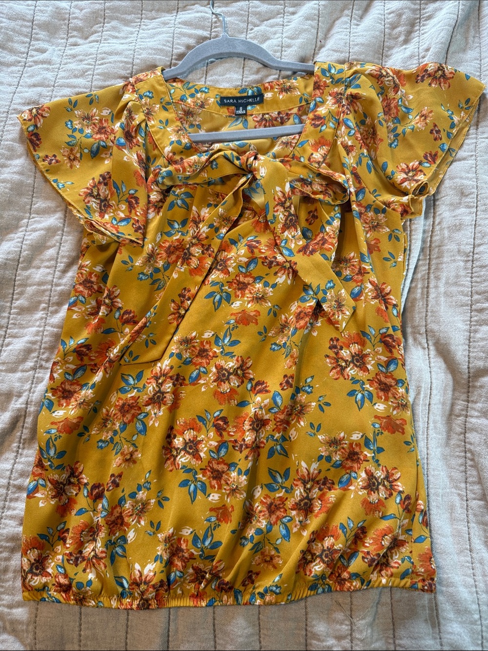Sara Michelle Mustard Floral Tie-Front Flutter Sleeve Blouse